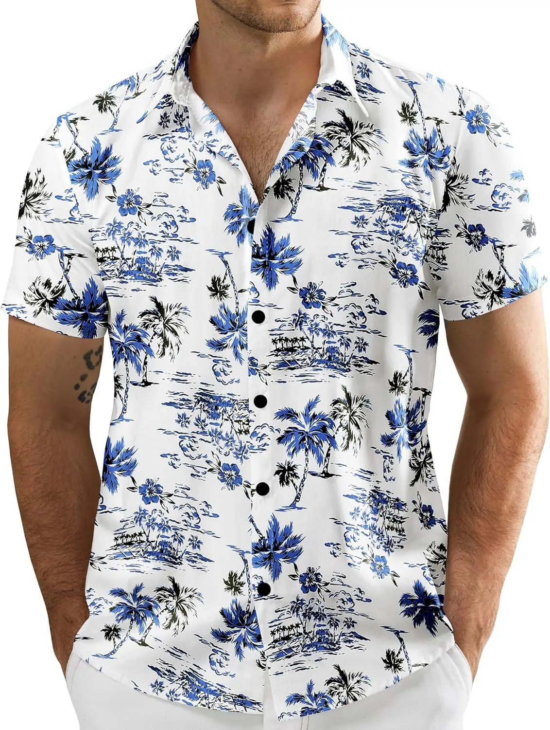 JOGAL Men's Flower Cotton Button Down Short Sleeve Hawaiian Shirt