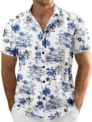 JOGAL Men's Flower Cotton Button Down Short Sleeve Hawaiian Shirt