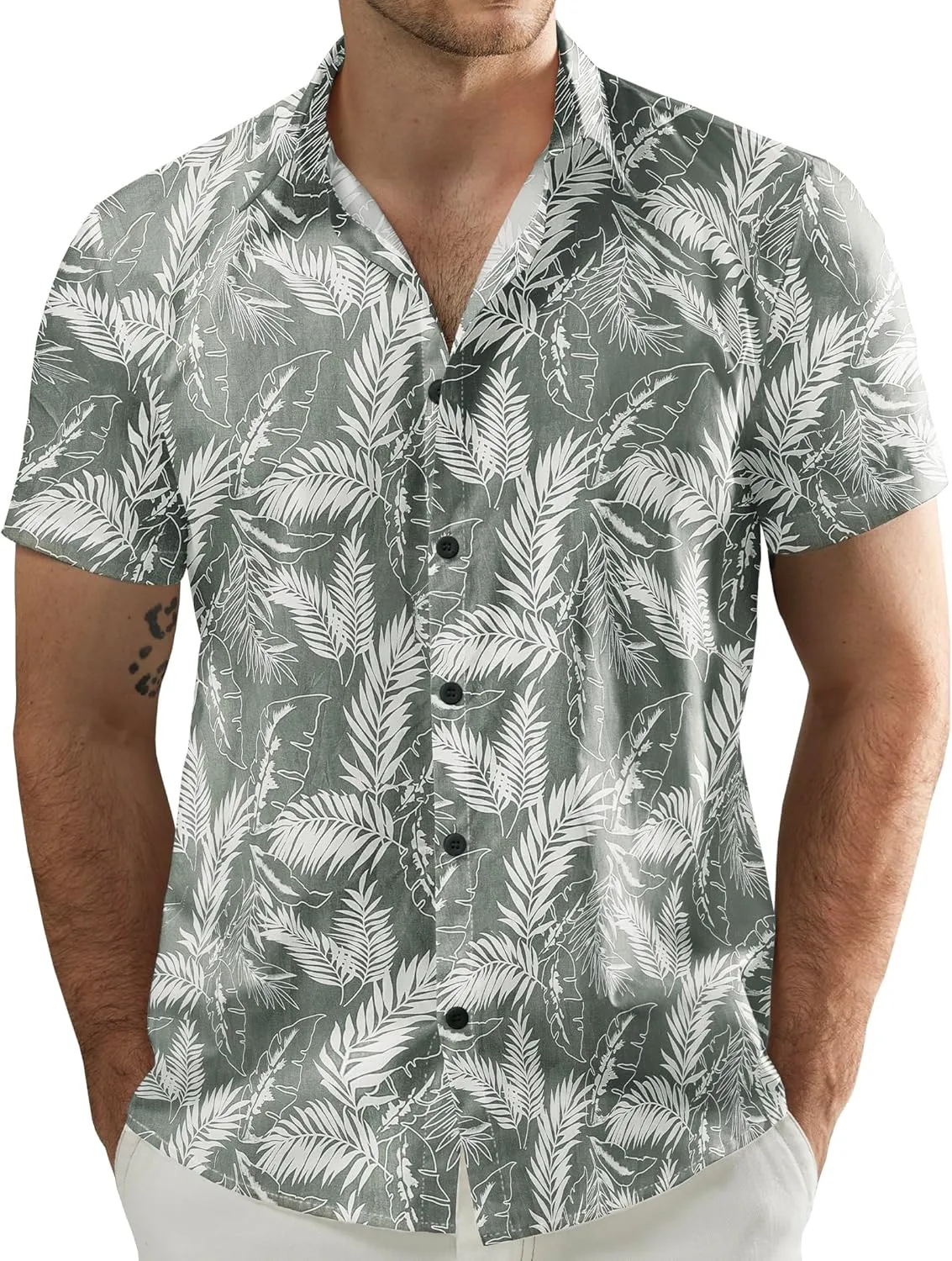 JOGAL Men's Flower Cotton Button Down Short Sleeve Hawaiian Shirt