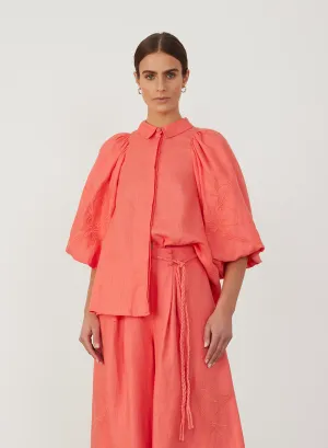 Lola Linen Embroidery Shirt | Hibiscus