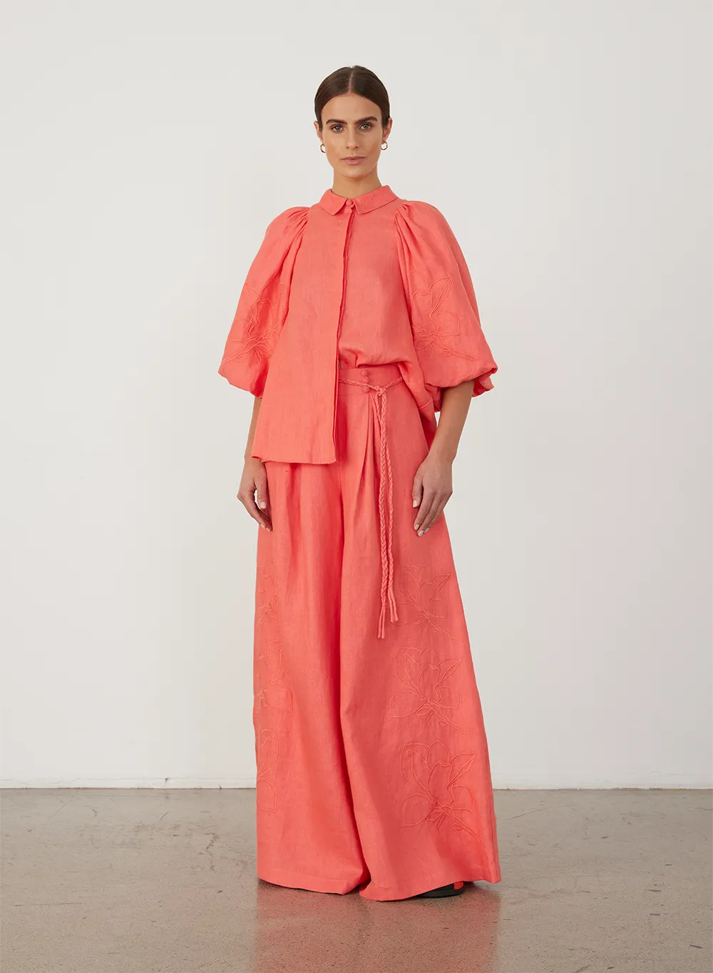 Lola Linen Embroidery Shirt | Hibiscus