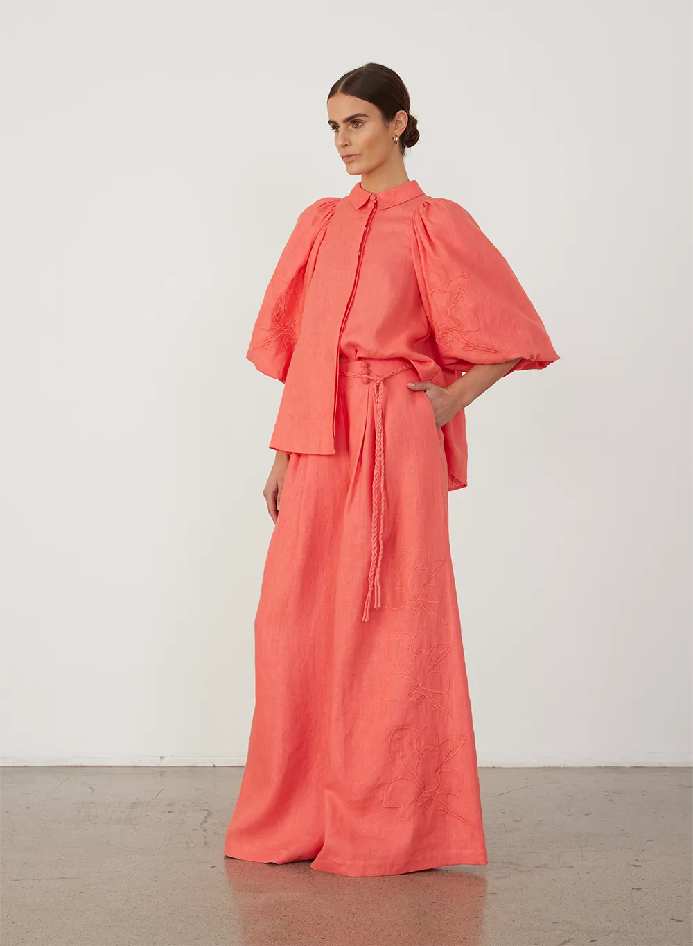 Lola Linen Embroidery Shirt | Hibiscus