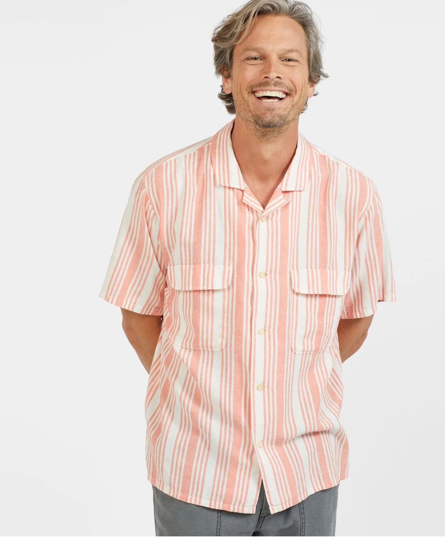 Outerknown - Backyard Shirt - Grapefruit Nuevo Stripe