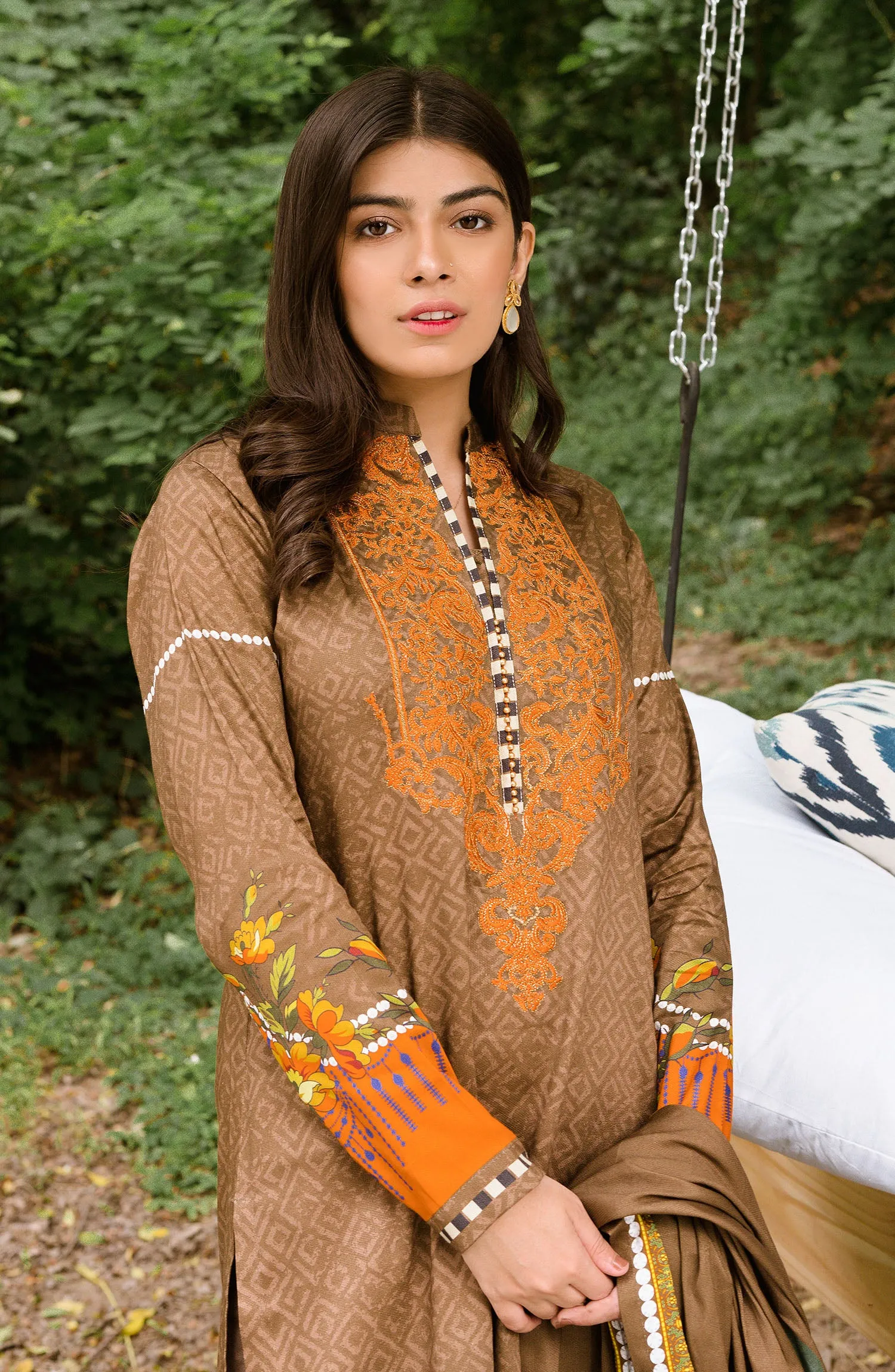 Unstitched 3 Piece Embroidered Cotton Linen Suit (OTL-20-215/A (BROWN))